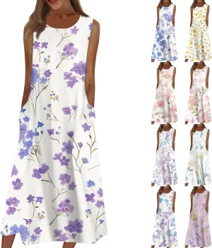 Floral Midi Dress for Women Round Neck Tea Party Sleeveless Floral Dresses with Pockets Stylish Going Out Easter Outfits