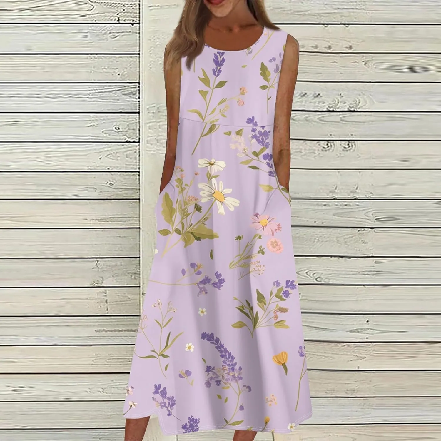 Floral Midi Dress for Women Round Neck Tea Party Sleeveless Floral Dresses with Pockets Stylish Going Out Easter Outfits