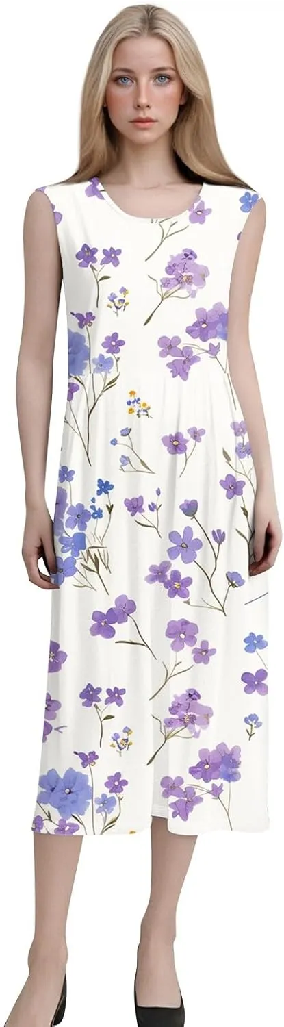 Floral Midi Dress for Women Round Neck Tea Party Sleeveless Floral Dresses with Pockets Stylish Going Out Easter Outfits