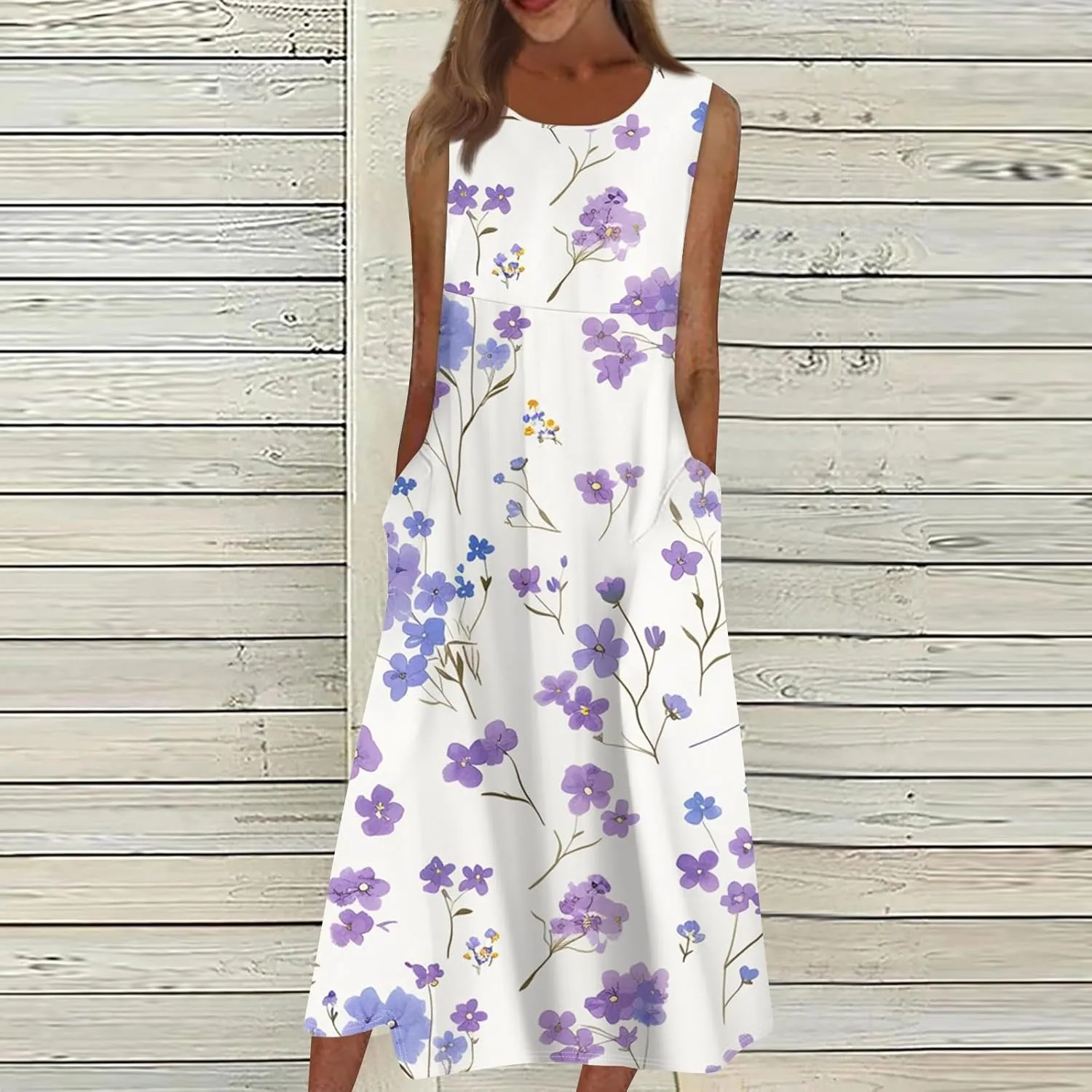 Floral Midi Dress for Women Round Neck Tea Party Sleeveless Floral Dresses with Pockets Stylish Going Out Easter Outfits