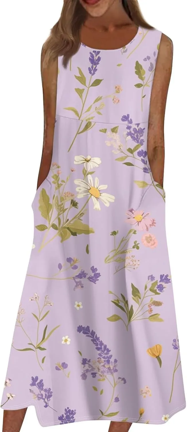 Floral Midi Dress for Women Round Neck Tea Party Sleeveless Floral Dresses with Pockets Stylish Going Out Easter Outfits