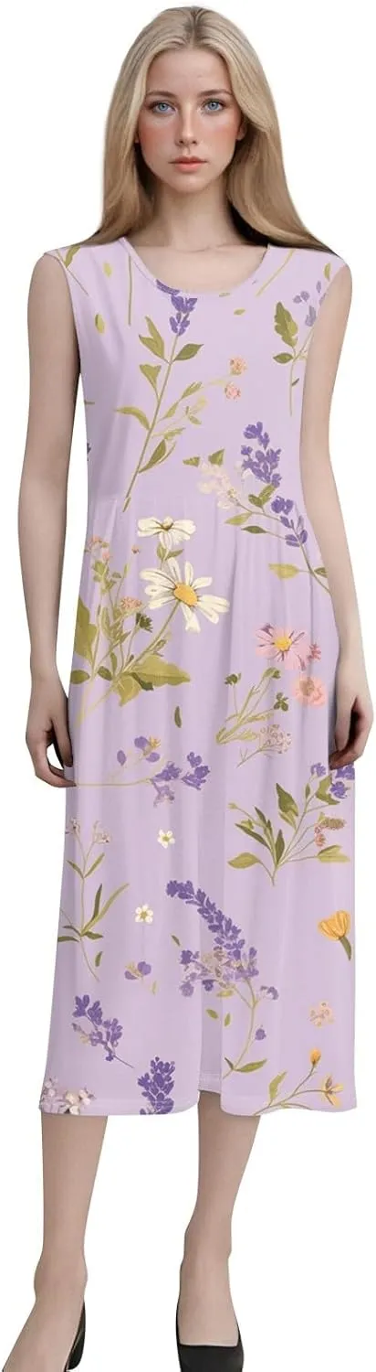 Floral Midi Dress for Women Round Neck Tea Party Sleeveless Floral Dresses with Pockets Stylish Going Out Easter Outfits