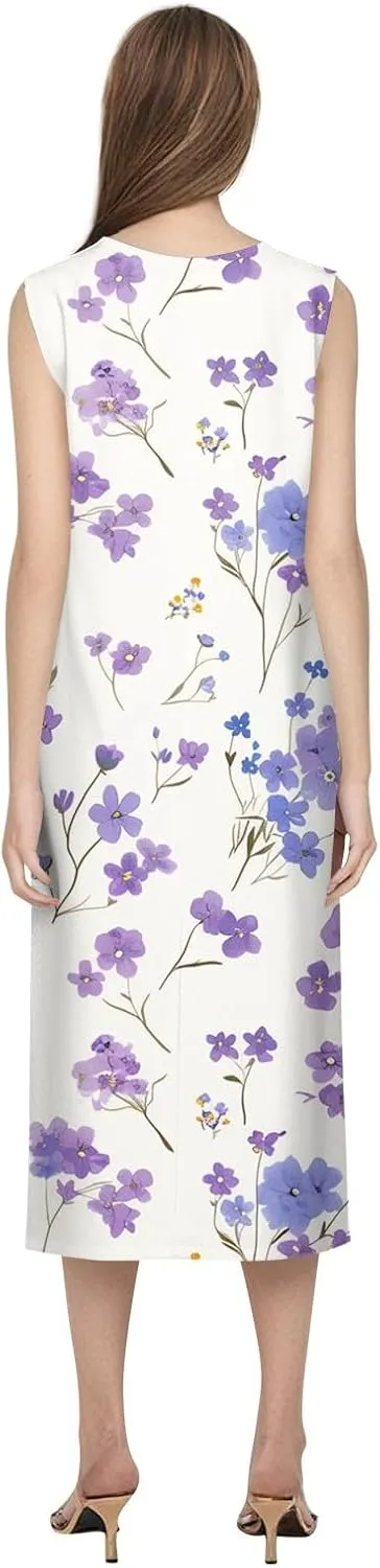 Floral Midi Dress for Women Round Neck Tea Party Sleeveless Floral Dresses with Pockets Stylish Going Out Easter Outfits
