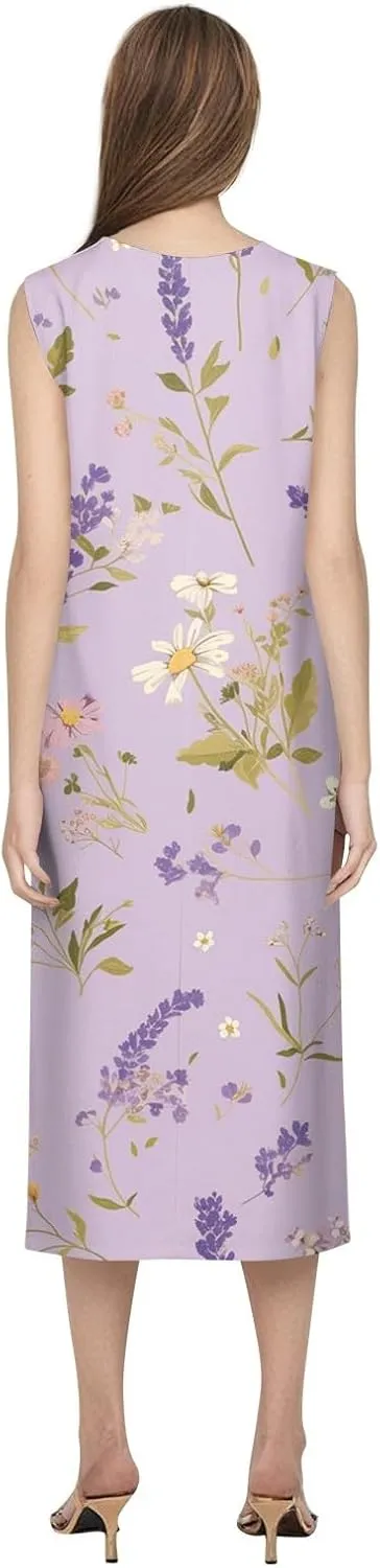 Floral Midi Dress for Women Round Neck Tea Party Sleeveless Floral Dresses with Pockets Stylish Going Out Easter Outfits