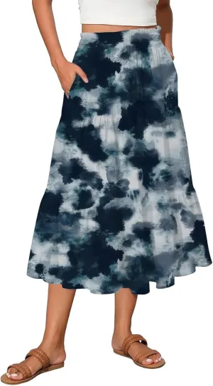 Floral Skirts for Women Summer Loose Casual Trendy Elastic Waist Flowy Beach Boho Maxi Skirt, S-2XL