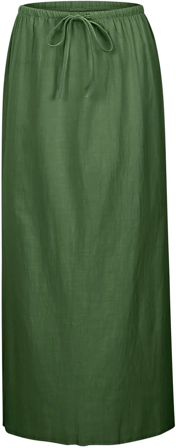 Flowy Skirt Casual Slim Fit Stretchy Drawstring High Elastic Waist Flare Long Skirts for Women Trendy Streetwear