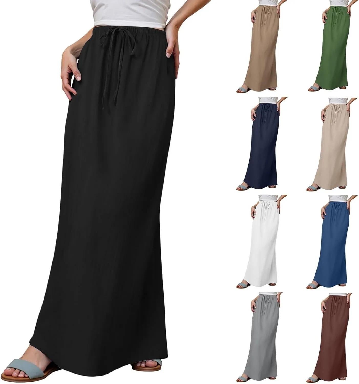 Flowy Skirt Casual Slim Fit Stretchy Drawstring High Elastic Waist Flare Long Skirts for Women Trendy Streetwear