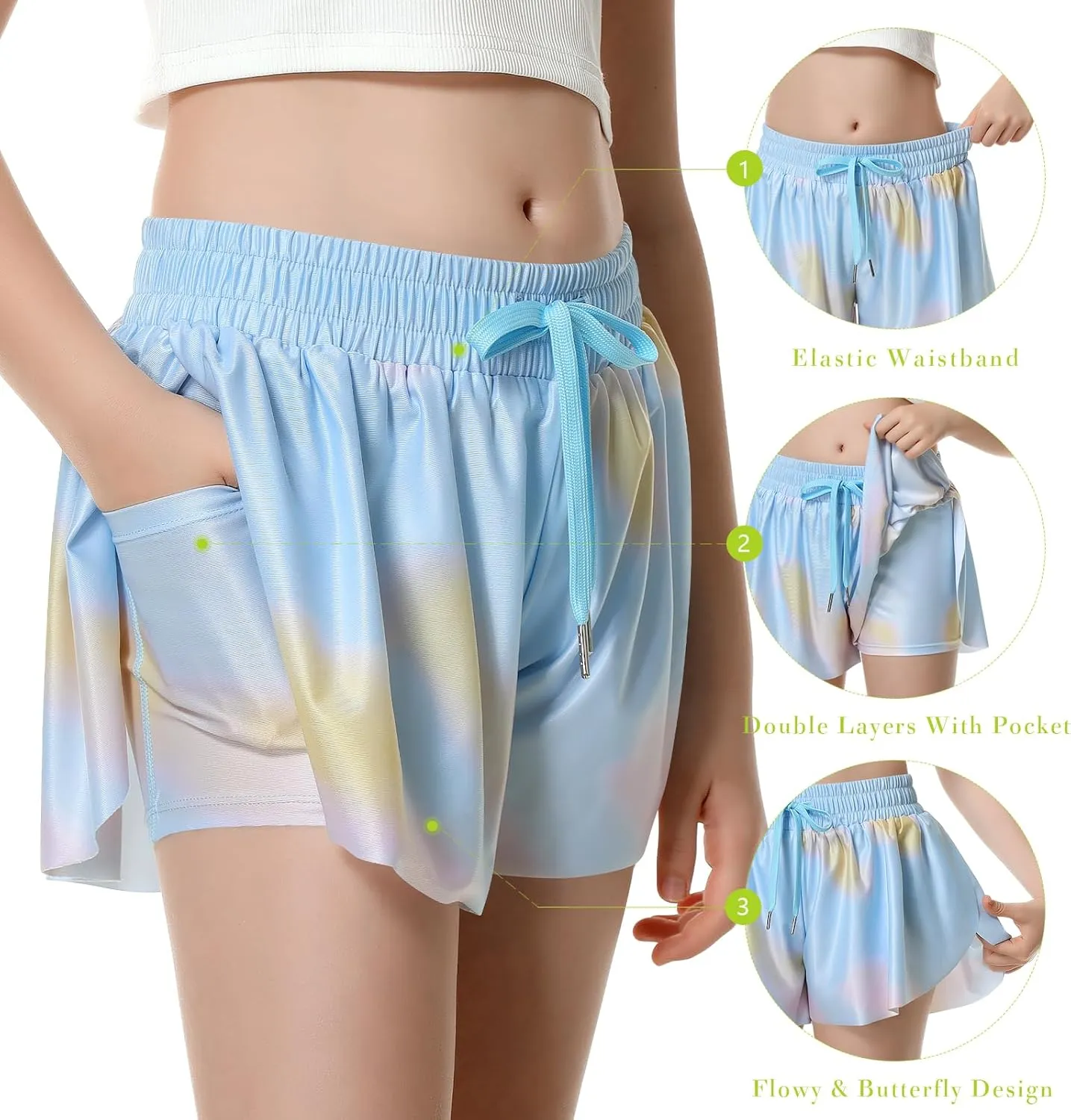 Girls Flowy Shorts Butterfly Shorts for Kids with Pocket 2-in-1 Athletic Shorts Running Shorts for Girls