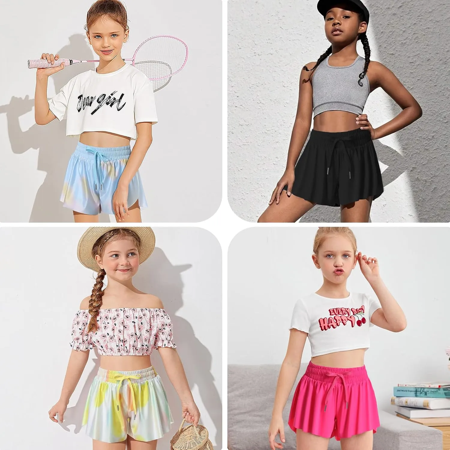 Girls Flowy Shorts Butterfly Shorts for Kids with Pocket 2-in-1 Athletic Shorts Running Shorts for Girls