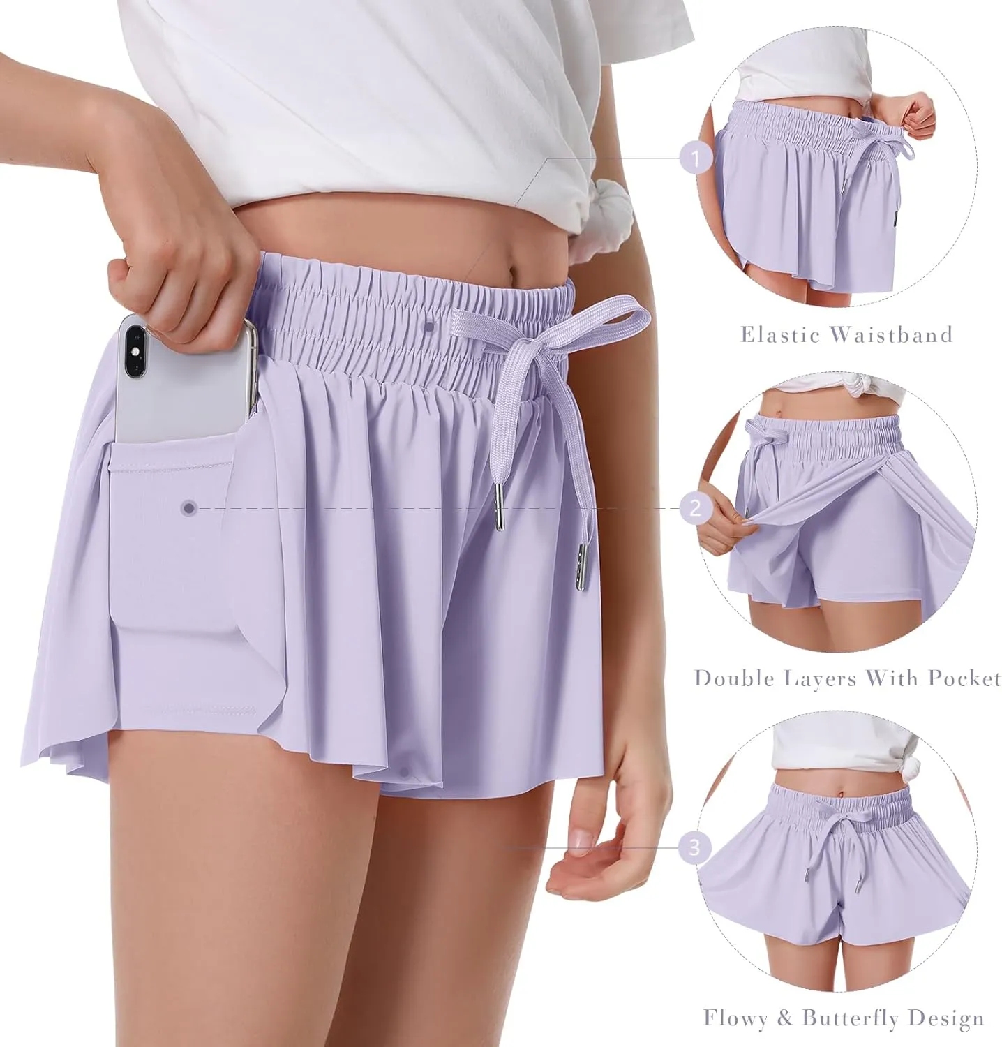 Girls Flowy Shorts Butterfly Shorts for Kids with Pocket 2-in-1 Athletic Shorts Running Shorts for Girls