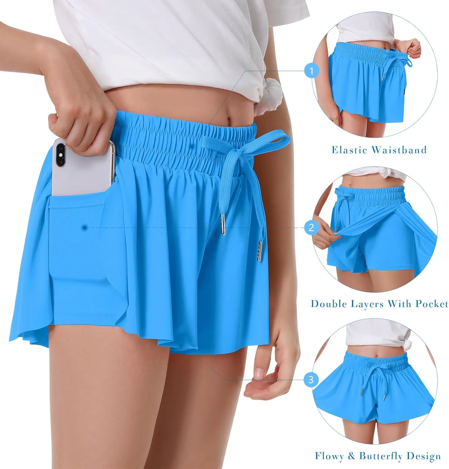 Girls Flowy Shorts Butterfly Shorts for Kids with Pocket 2-in-1 Athletic Shorts Running Shorts for Girls