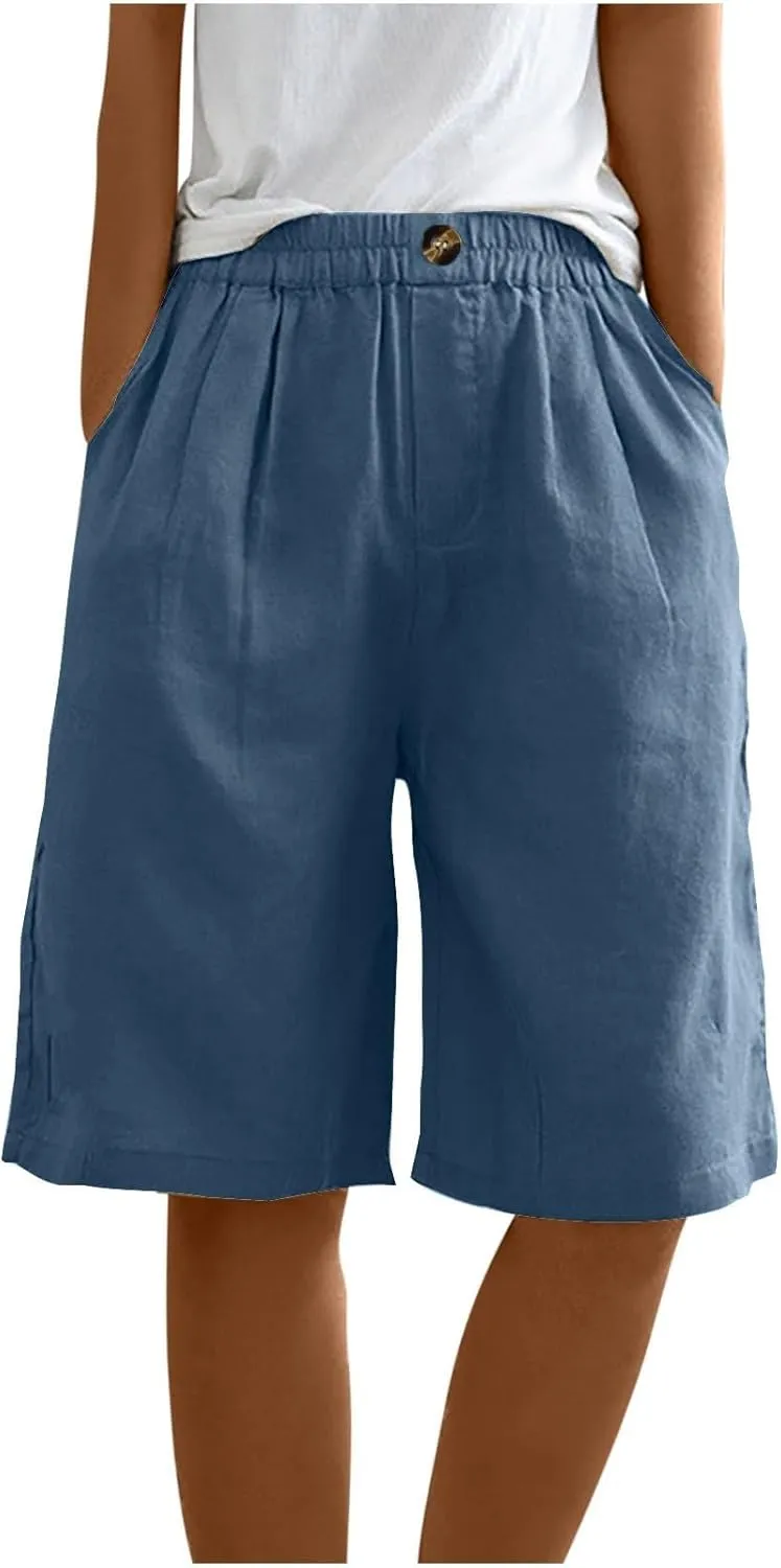 GOFULY Bermuda Shorts for Women Knee Length High Rise Cotton Linen Shorts Elastic Waist Button Half Pants with Pockets