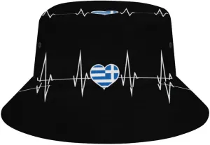 Greece Heartbeat Cute Greek Flag Bucket Hat Lightweight Fishing Hat Wide Brim Sun Protection Cap for Men Women