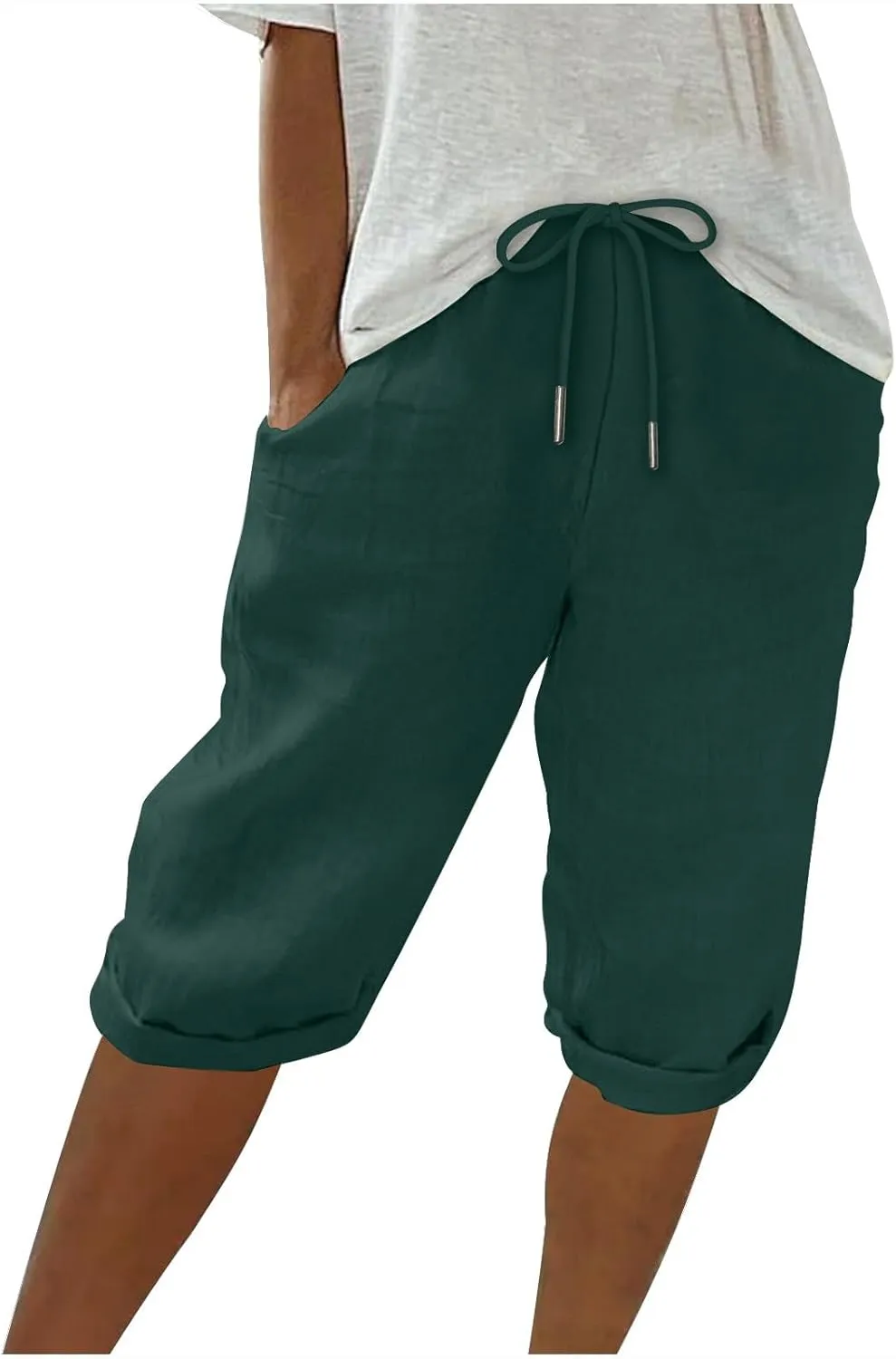 hlysgo Linen Shorts for Women Knee Length Bermuda Shorts 2025 Summer High Waist Drawstring Casual Beach Shorts with Pockets
