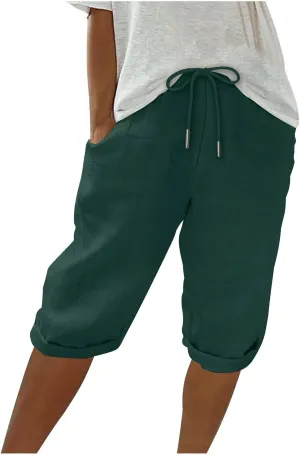 hlysgo Linen Shorts for Women Knee Length Bermuda Shorts 2025 Summer High Waist Drawstring Casual Beach Shorts with Pockets