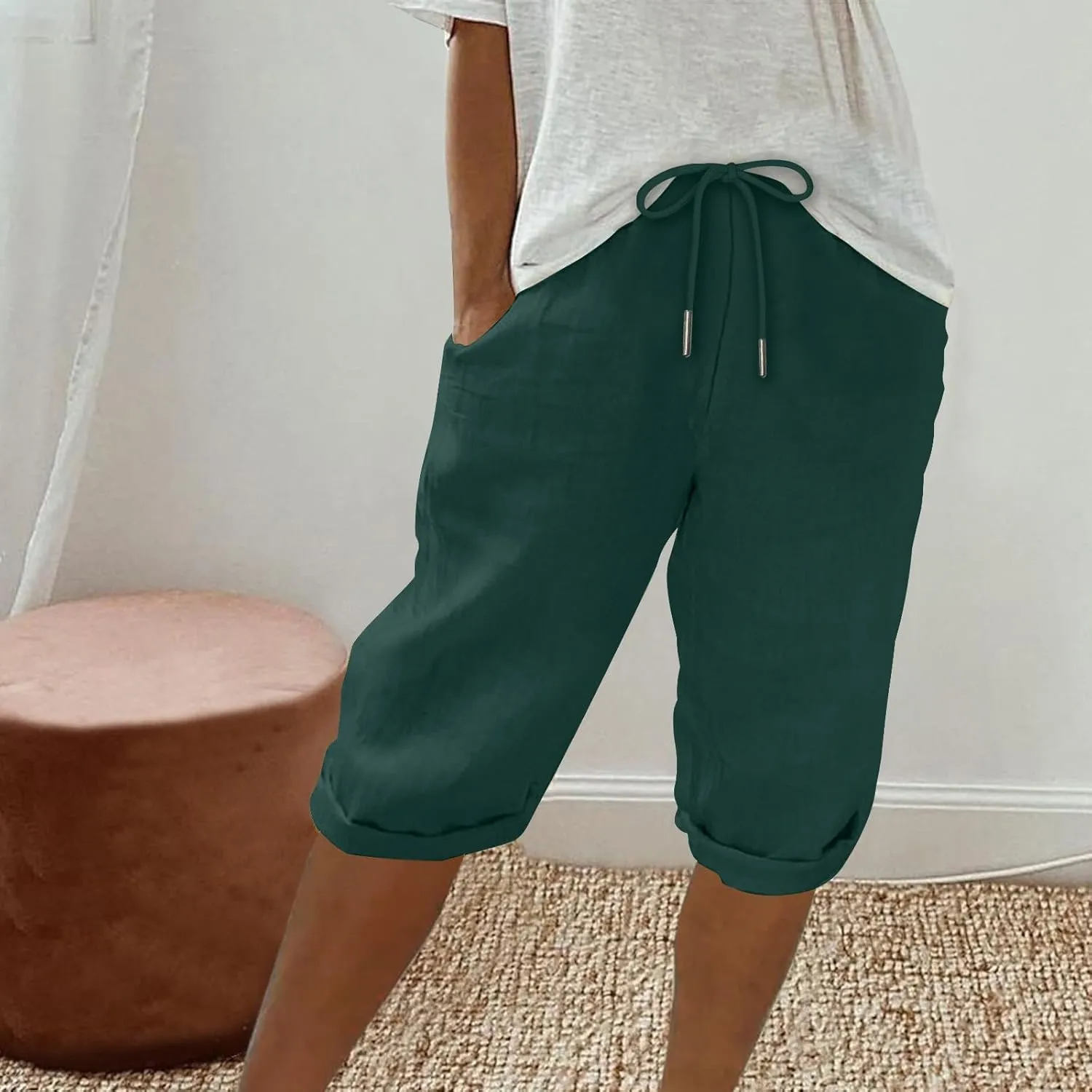hlysgo Linen Shorts for Women Knee Length Bermuda Shorts 2025 Summer High Waist Drawstring Casual Beach Shorts with Pockets