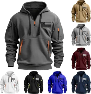 Hoodies for Men Quarter Zip Tactical Sweatshirt Graphic Print Pullover Shirts Fashion Leisure Coat Tops with Pockets