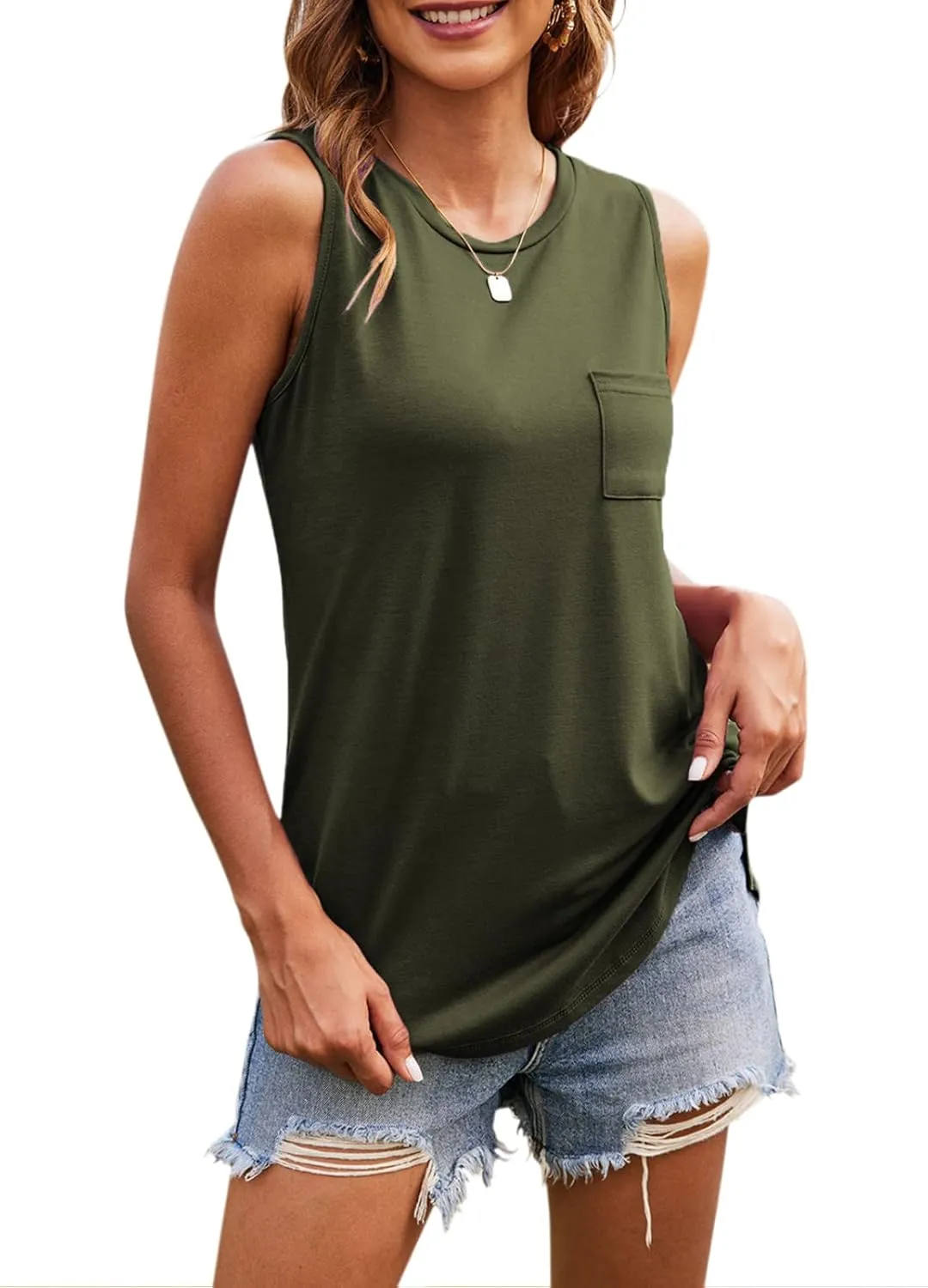 Hount Women's High Neck Tank Tops Summer Sleeveless T Shirts Loose Fit with Pockets