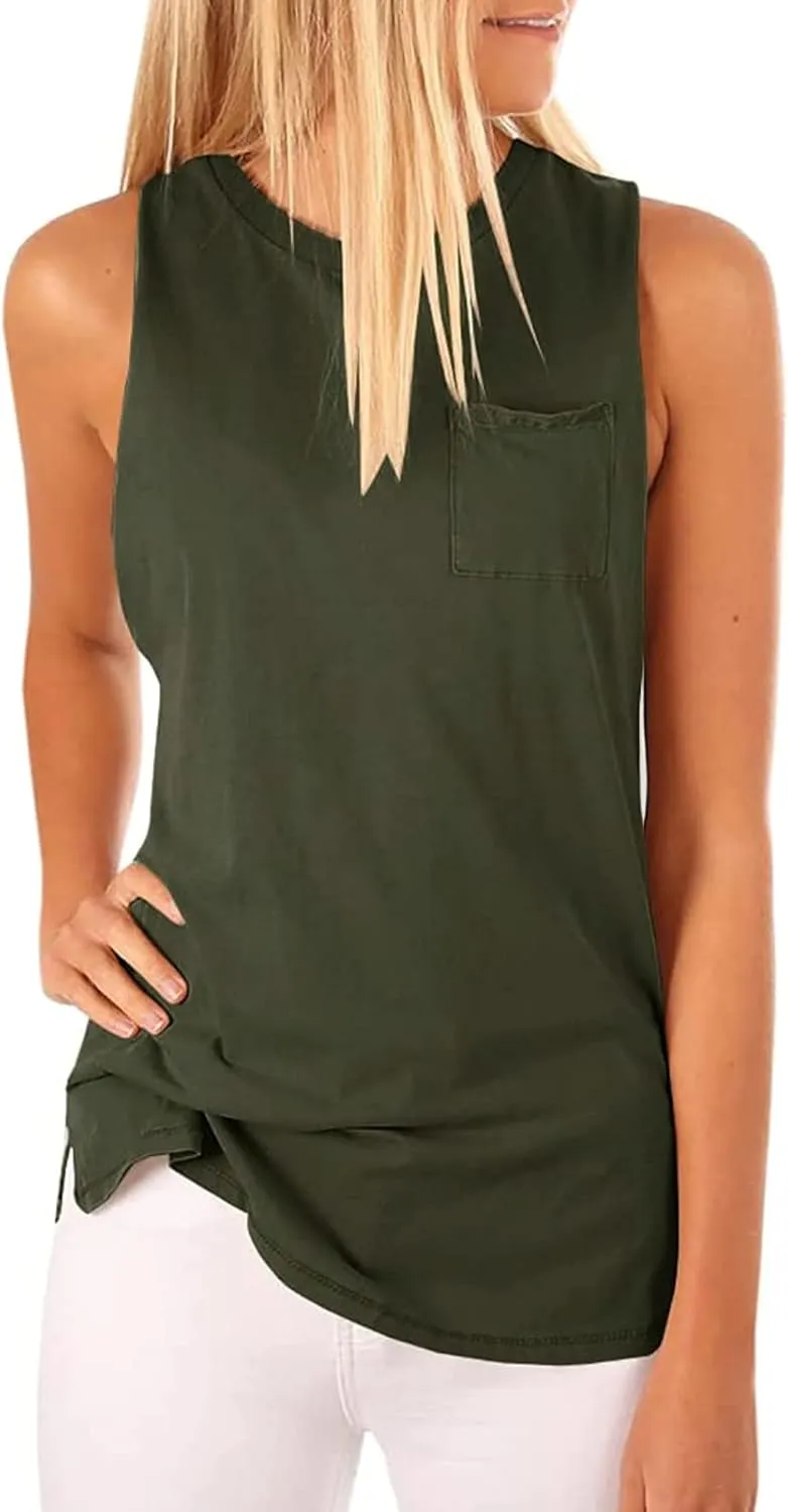 Hount Women's High Neck Tank Tops Summer Sleeveless T Shirts Loose Fit with Pockets