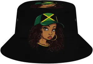 Jamaican Black Women Bucket Hat Lightweight Fishing Hat Wide Brim Sun Protection Cap for Men Women