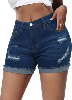 Jean Shorts Womens High Waisted Stretchy Slim Fit Distressed Denim Shorts