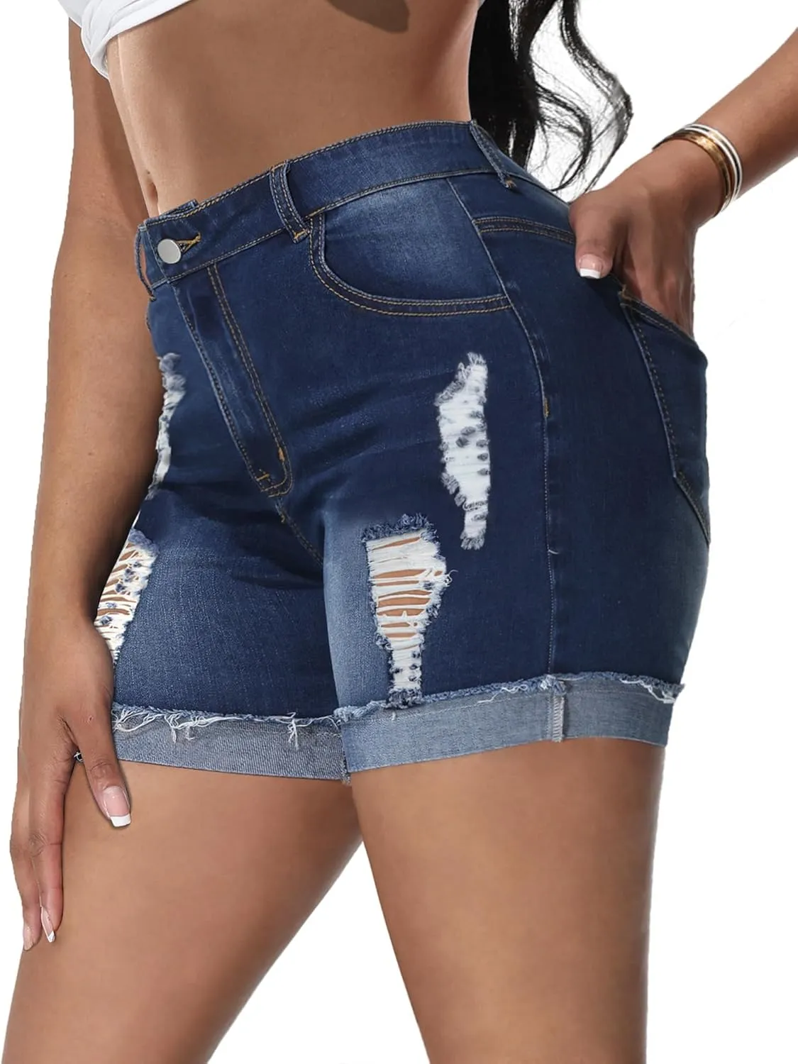 Jean Shorts Womens High Waisted Stretchy Slim Fit Distressed Denim Shorts