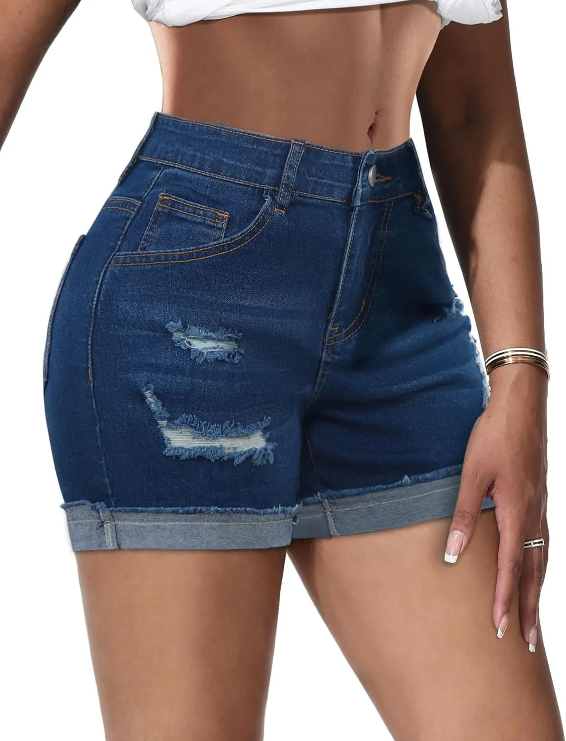 Jean Shorts Womens High Waisted Stretchy Slim Fit Distressed Denim Shorts