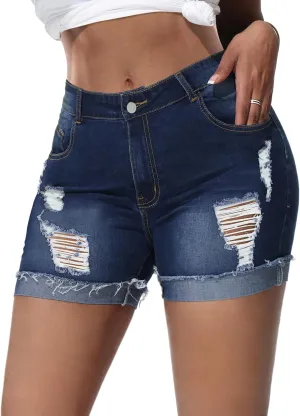 Jean Shorts Womens High Waisted Stretchy Slim Fit Distressed Denim Shorts