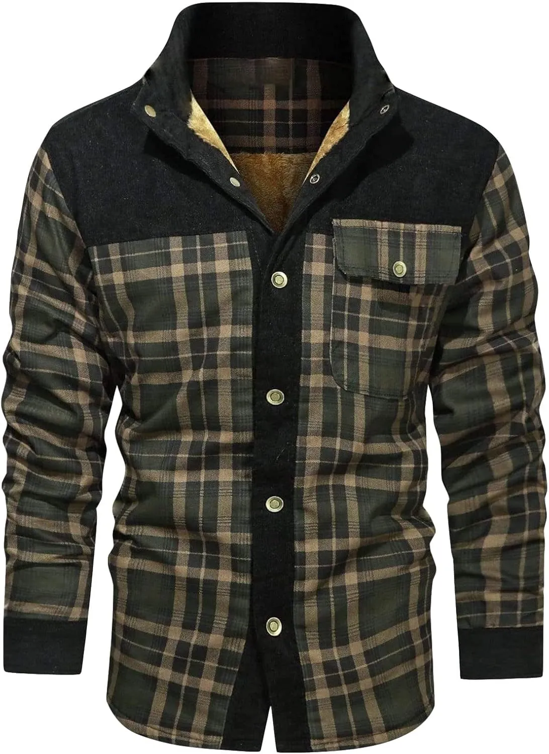 JEsilunmaMY Men's Fleece Lined Plaid Corduroy Jacket Button Stand Collar Flannel Sherpa Coat Warm Winter Thick Shacket Shirt