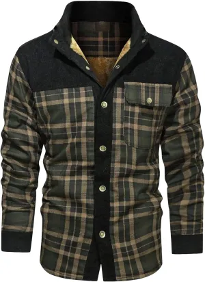 JEsilunmaMY Men's Fleece Lined Plaid Corduroy Jacket Button Stand Collar Flannel Sherpa Coat Warm Winter Thick Shacket Shirt