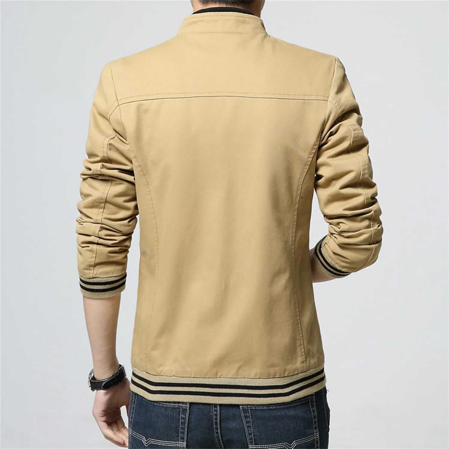JEsilunmaMY Men's Slim Cargo Cotton Jacket Stand Collar Zipper Lightweight Jackets Casual Sportwear Rib Bomber Jackets