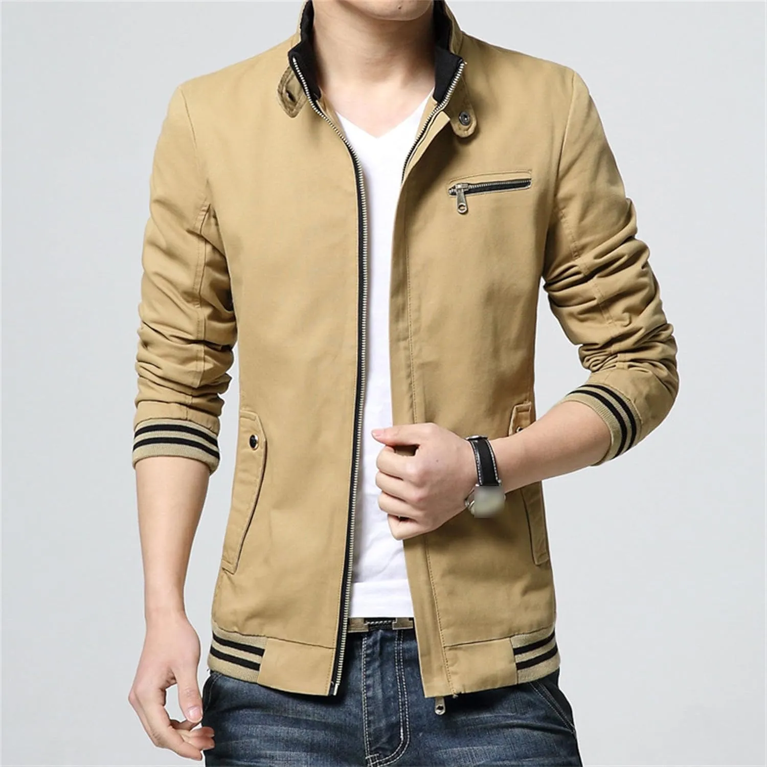 JEsilunmaMY Men's Slim Cargo Cotton Jacket Stand Collar Zipper Lightweight Jackets Casual Sportwear Rib Bomber Jackets