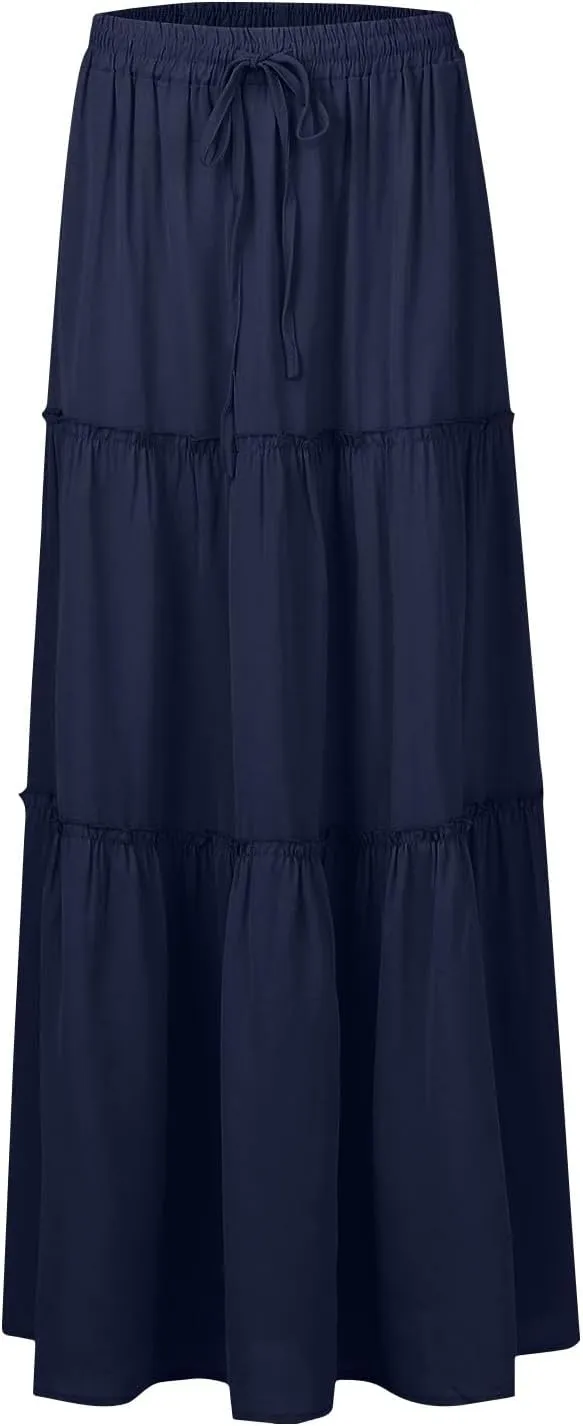 JJHAEVDY Women's Summer Boho Maxi Skirt A-Line Flowy Ruffle Tiered Elastic High Waist Beach Pleated Long Skirts with Pockets