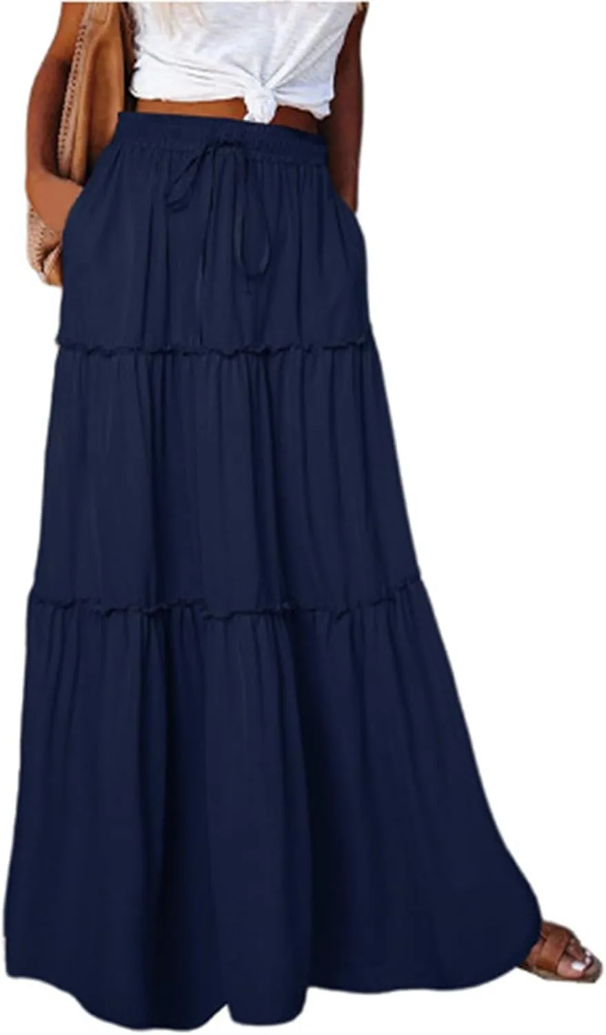 JJHAEVDY Women's Summer Boho Maxi Skirt A-Line Flowy Ruffle Tiered Elastic High Waist Beach Pleated Long Skirts with Pockets