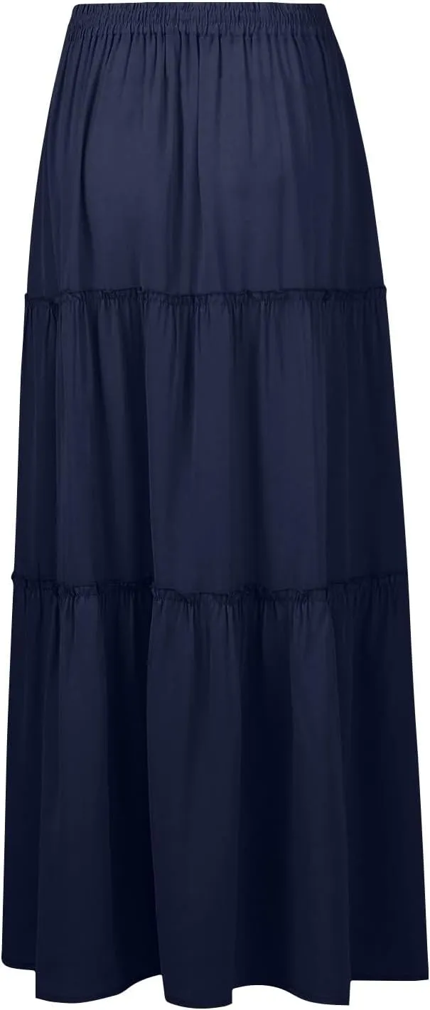 JJHAEVDY Women's Summer Boho Maxi Skirt A-Line Flowy Ruffle Tiered Elastic High Waist Beach Pleated Long Skirts with Pockets