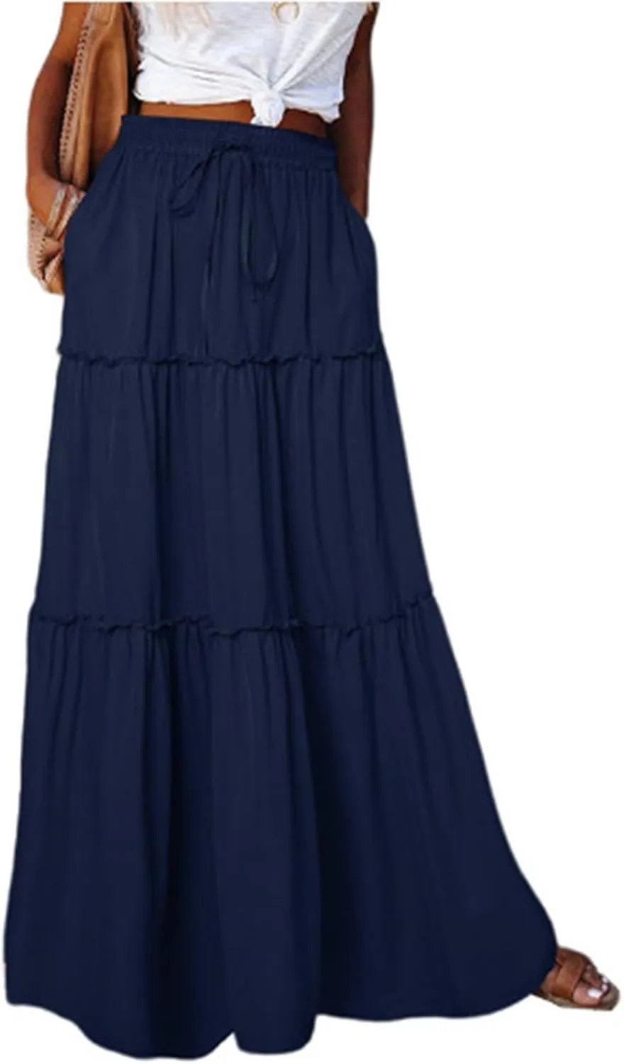 JJHAEVDY Women's Summer Boho Maxi Skirt A-Line Flowy Ruffle Tiered Elastic High Waist Beach Pleated Long Skirts with Pockets