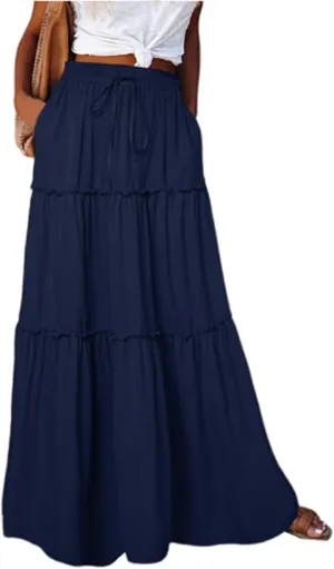 JJHAEVDY Women's Summer Boho Maxi Skirt A-Line Flowy Ruffle Tiered Elastic High Waist Beach Pleated Long Skirts with Pockets