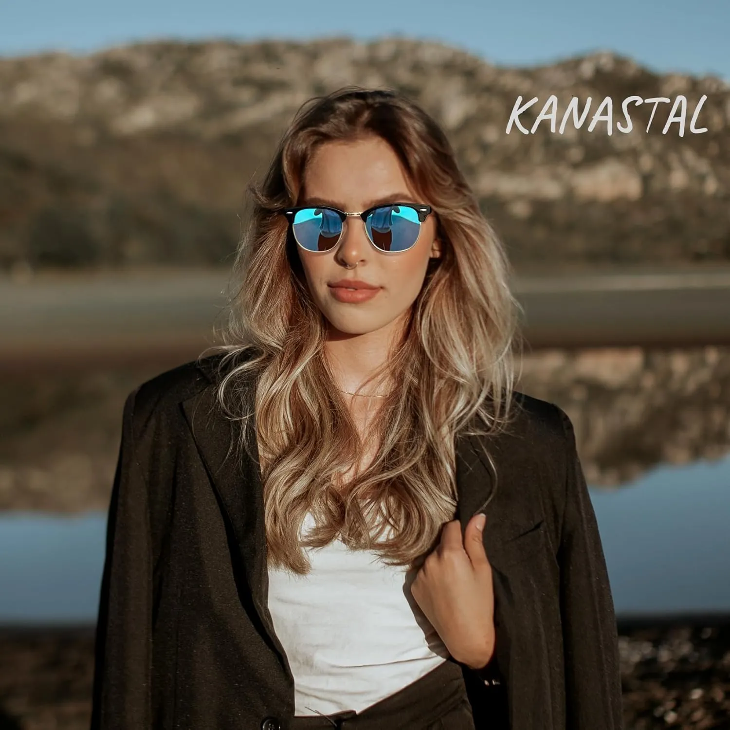 KANASTAL Semi Rimless Polarised Sunglasses Men Women Classic Horn Rimmed Frame UV400 Half Frame Shades