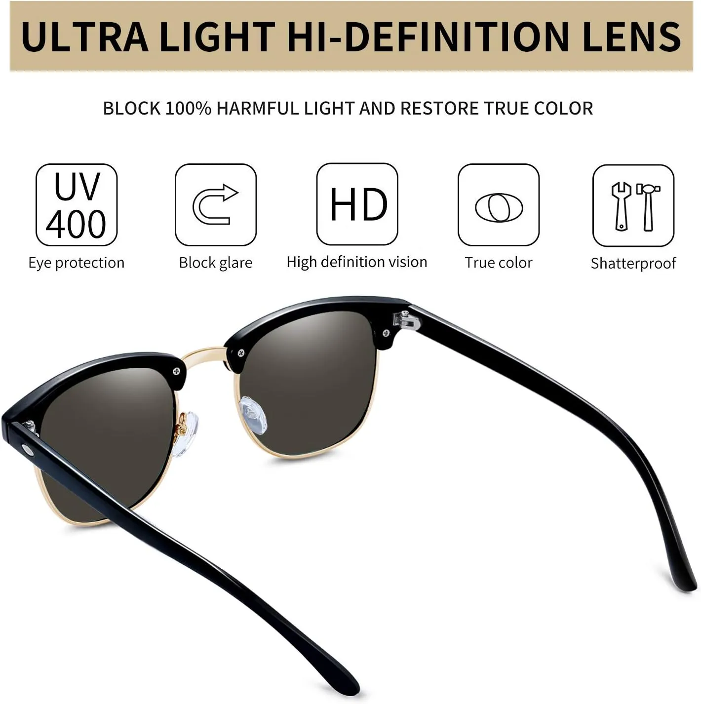 KANASTAL Semi Rimless Polarised Sunglasses Men Women Classic Horn Rimmed Frame UV400 Half Frame Shades