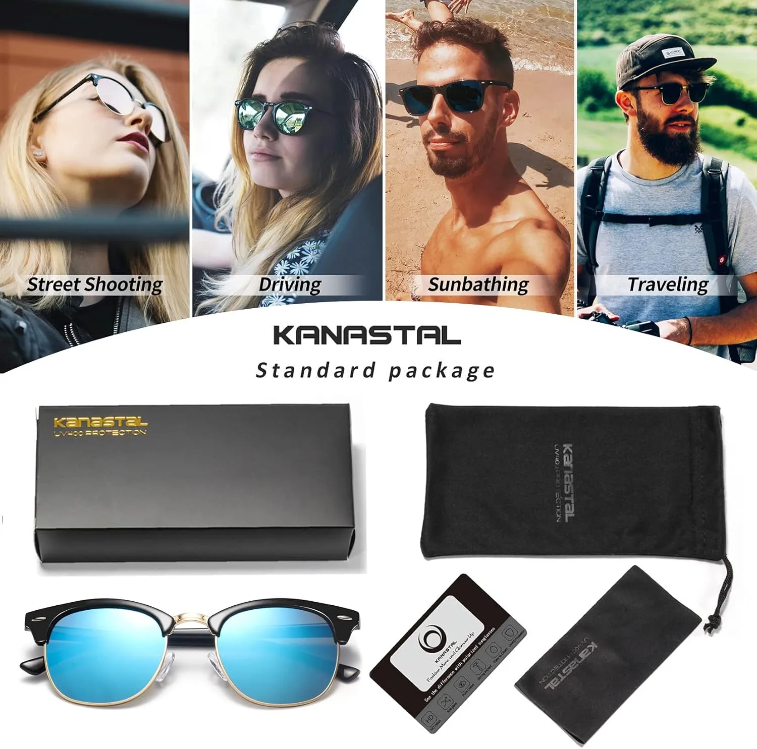 KANASTAL Semi Rimless Polarised Sunglasses Men Women Classic Horn Rimmed Frame UV400 Half Frame Shades