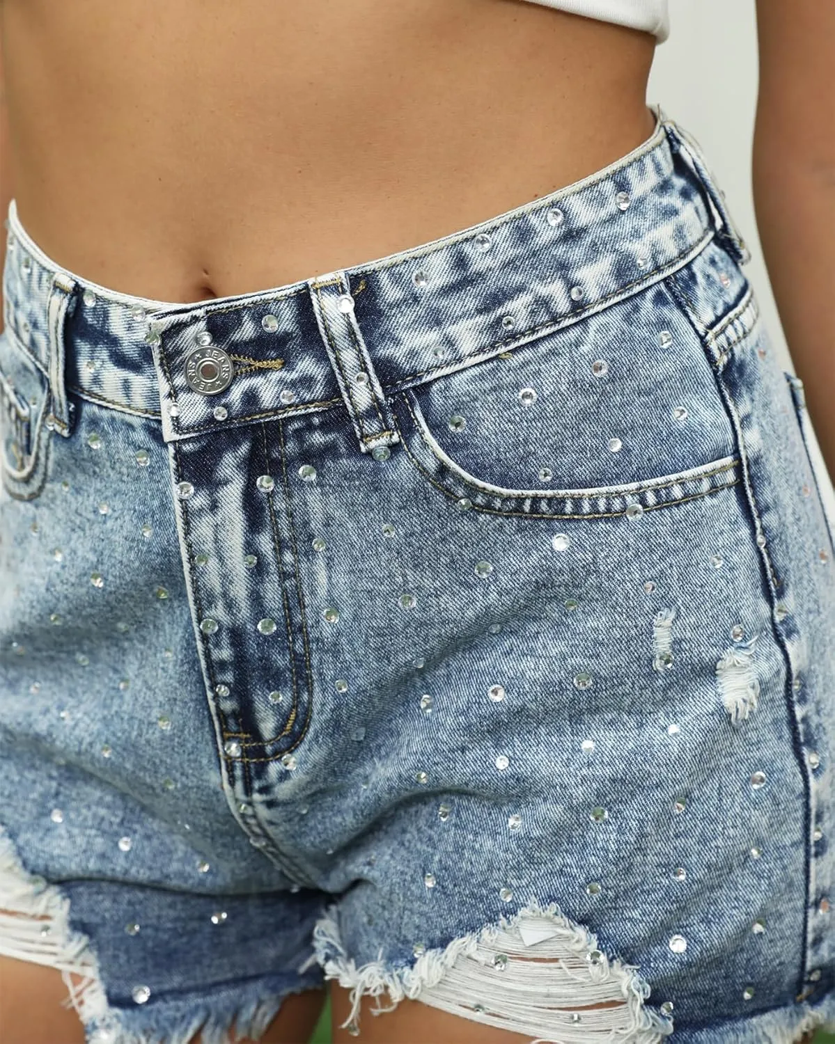 Kedera Women's High Waisted Denim Shorts Rhinestone Fringe Distressed Raw Hem Stretch Denim Jean Shorts