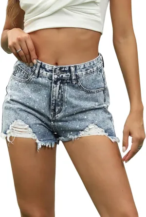 Kedera Women's High Waisted Denim Shorts Rhinestone Fringe Distressed Raw Hem Stretch Denim Jean Shorts