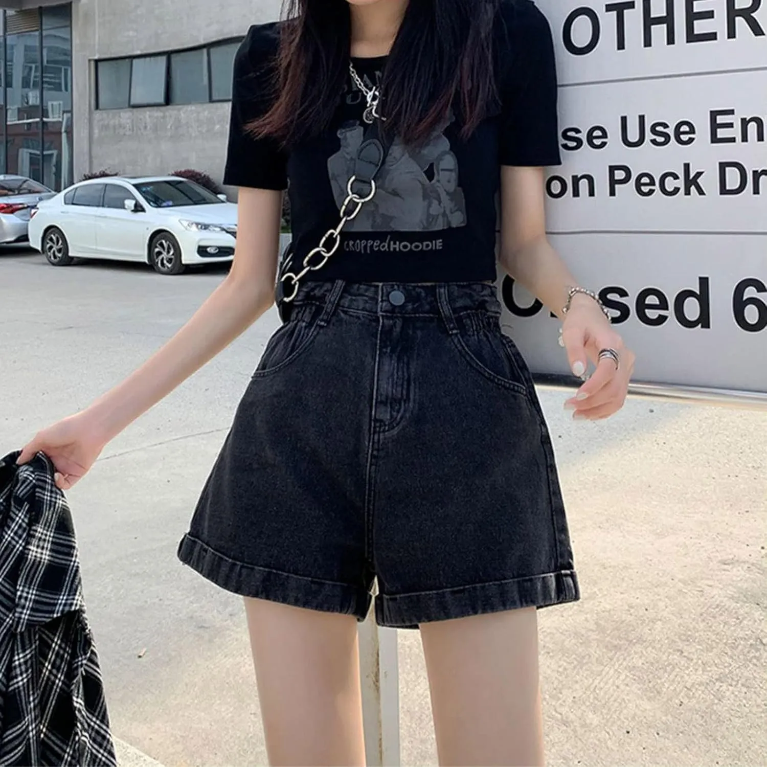 Korean Version Denim Shorts Women's Summer high Waisted Slim Fitting Folding Shorts Women's Casual Shorts