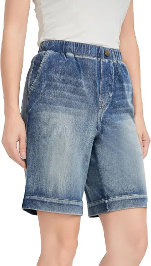 KYAL Bermuda Jean Shorts for Women High Waisted Elastic Waistband Denim Shorts Casual Summer Jean Shorts with Pockets