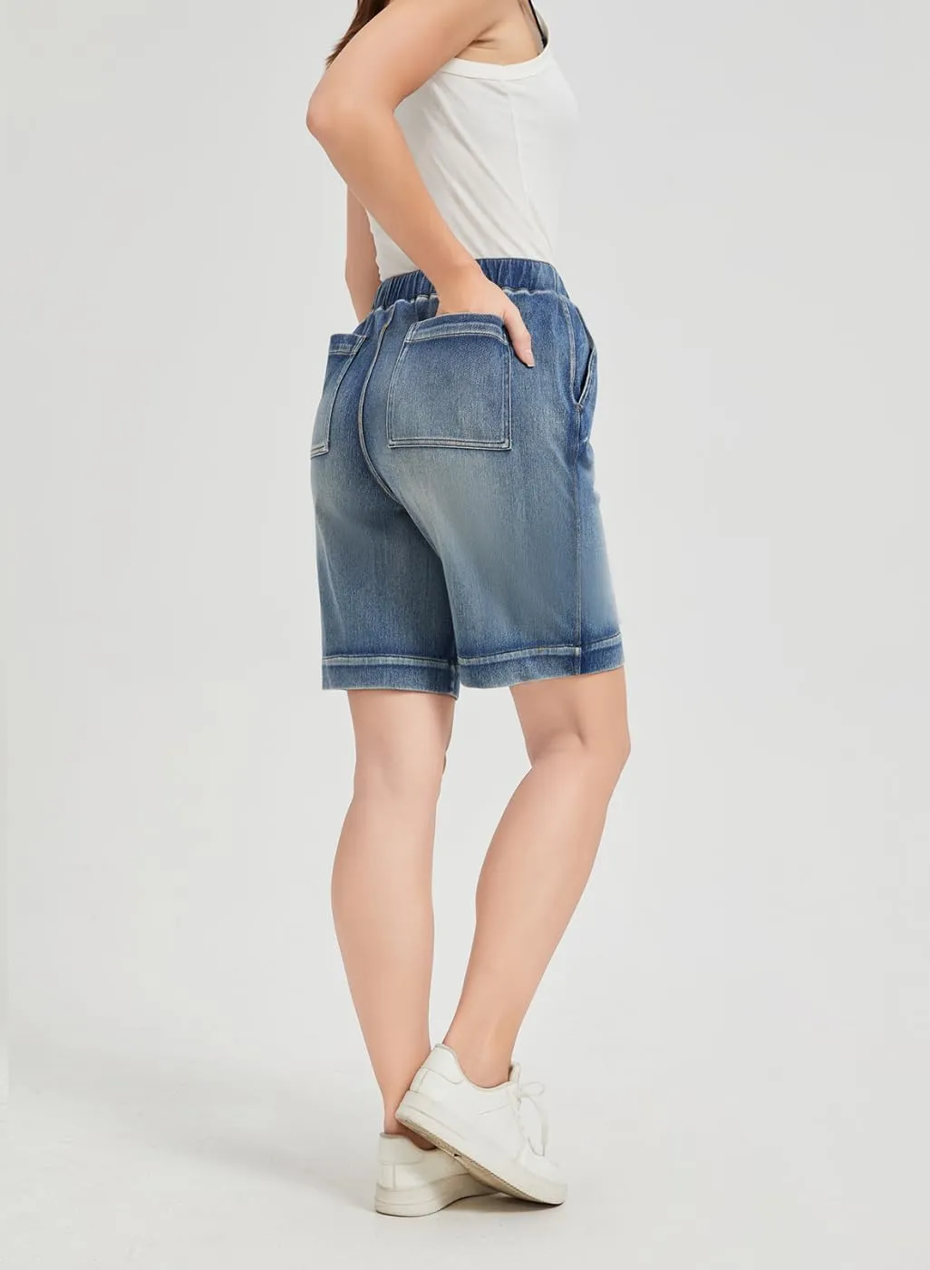 KYAL Bermuda Jean Shorts for Women High Waisted Elastic Waistband Denim Shorts Casual Summer Jean Shorts with Pockets