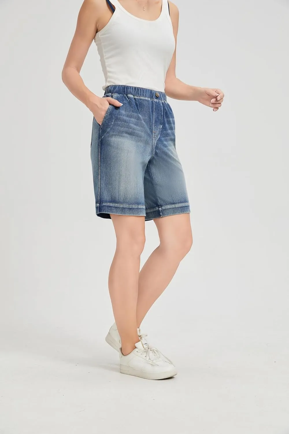 KYAL Bermuda Jean Shorts for Women High Waisted Elastic Waistband Denim Shorts Casual Summer Jean Shorts with Pockets