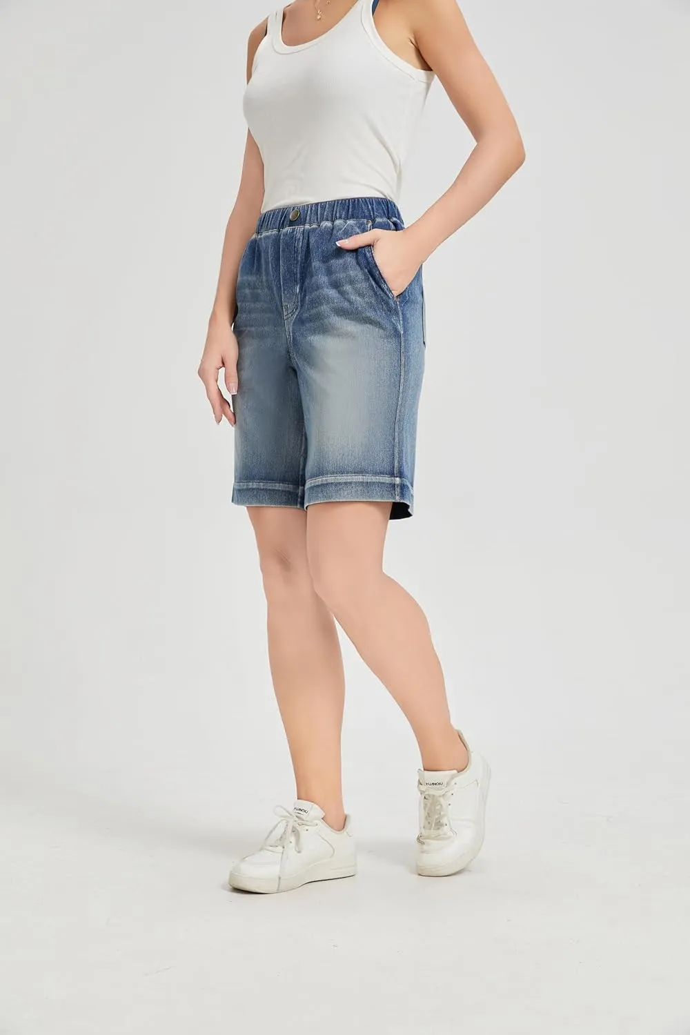 KYAL Bermuda Jean Shorts for Women High Waisted Elastic Waistband Denim Shorts Casual Summer Jean Shorts with Pockets