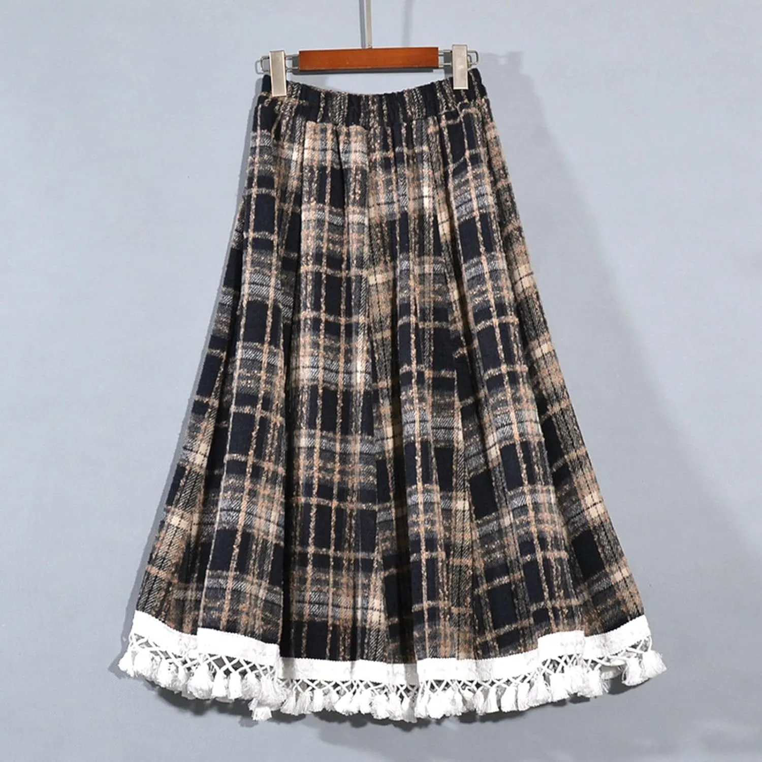 Lace Trim Plaid Skirt for Women Vintage Wool Blend Tiered Elastic Waist A-Line Skirts Ruffle Swing Midi Long Skirts