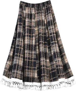 Lace Trim Plaid Skirt for Women Vintage Wool Blend Tiered Elastic Waist A-Line Skirts Ruffle Swing Midi Long Skirts
