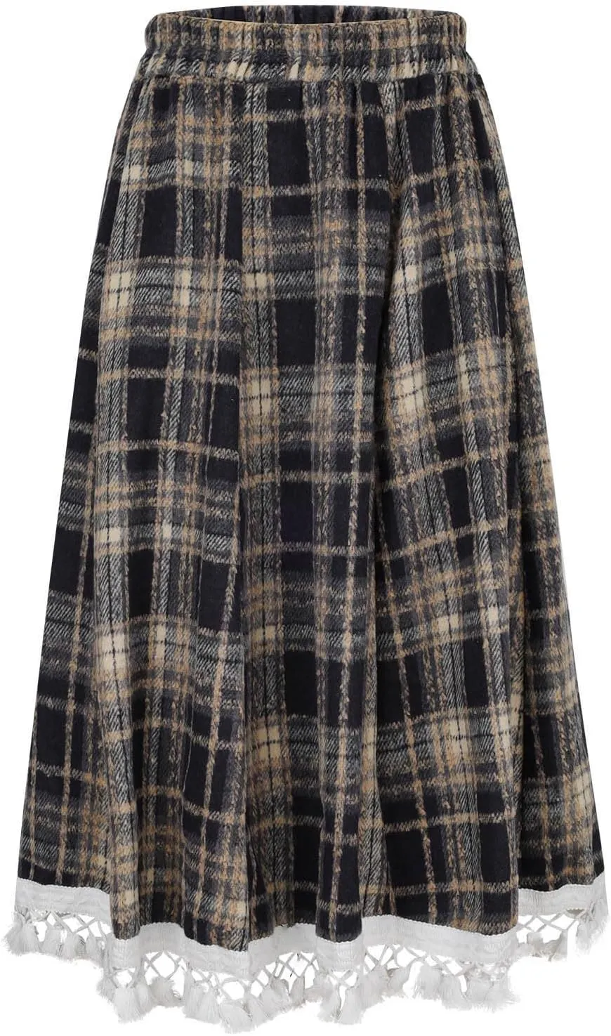 Lace Trim Plaid Skirt for Women Vintage Wool Blend Tiered Elastic Waist A-Line Skirts Ruffle Swing Midi Long Skirts